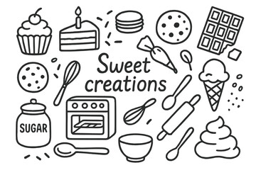 Sweet Treats Icons. Hand-drawn doodle illustration Sweet creations, cupcake, cake slice, macaron, cookie, chocolate bar, ice cream, piping bag, whisk, rolling