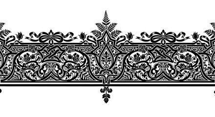 Elegant black and white ornamental border design with floral and ribbon motifs