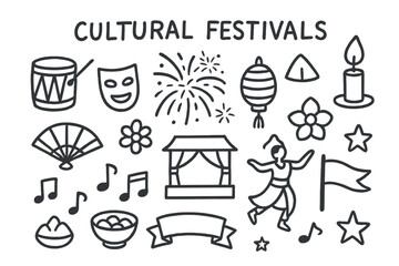 Cultural Festival Icons. Hand-drawn doodle illustration cultural festivals drum, mask, lantern, fireworks, fan, flower, candle, traditional hat, stage, flag,