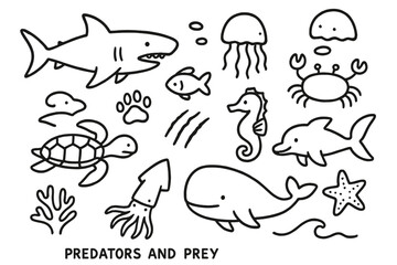 Fototapeta premium Ocean Life Doodles. Hand-drawn doodle illustration ocean predators and prey shark, fish, jellyfish, crab, seahorse, turtle, squid, whale, dolphin, paw print,