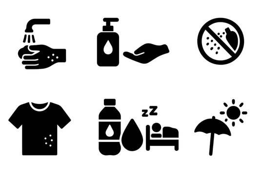 Rash Care Icons. Solid, filled icon set of rash care: gentle washing, moisturizing, avoiding irritants, cool compress, loose clothing, hydration, rest, sun