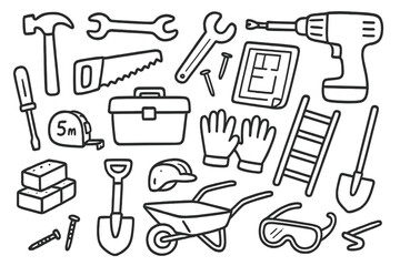 Construction Tools Doodle. Hand-drawn doodle illustration construction workers tools hammer, saw, wrench, screwdriver, drill, tape measure, ladder, toolbox,