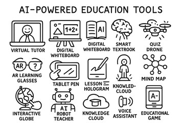Futuristic Education Icons. Hand-drawn doodle illustration [AI-powered education tools] virtual tutor screen, digital whiteboard, smart textbook, brain chip,