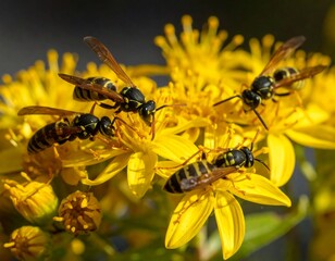 Close-up of wasps on bright yellow flowers