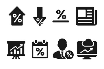 Interest Rate Icons. Solid, filled icon set of interest rate trends: upward arrow, downward arrow, stable line, market news, financial chart, calendar,