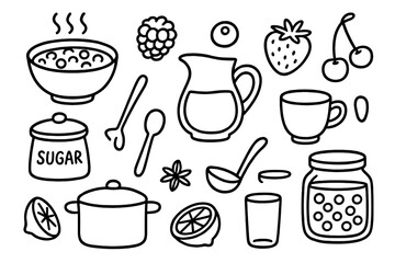 Obraz premium Berry Compote Doodle. Hand-drawn doodle illustration berry compote bowl, raspberry, blueberry, strawberry, cherry, sugar jar, pitcher, cup, spoon, pot, lemon