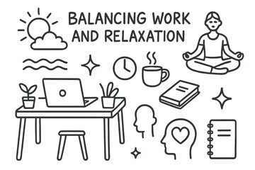 Work-Life Balance Doodles. Hand-drawn doodle illustration Balancing Work and Relaxation [desk, laptop, yoga pose, sun, cloud, wave, sparkle, star, plant, book,