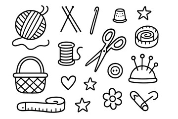 Basic Knitting Tools. Hand-drawn doodle illustration Basic knitting tools [yarn ball, knitting needles, crochet hook, scissors, measuring tape, thimble, spool,