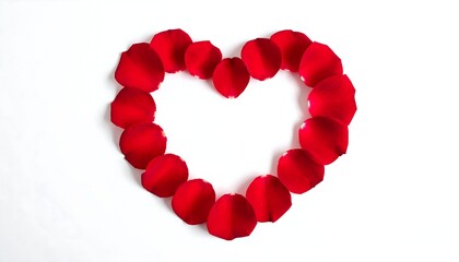 A heart-shaped arrangement, artfully composed of vibrant red rose petals against a pristine white backdrop