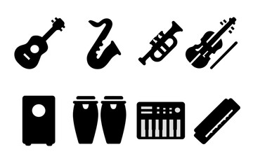 Jam Session Icons. Solid, filled icon set of jam session instruments: acoustic guitar, saxophone, trumpet, violin, cajon, congas, synthesizer, harmonica.