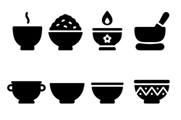 Cultural Bowls Icon Set. Solid, filled icon set of bowls in cultural contexts: tea bowl, rice bowl, ceremonial bowl, meditation bowl, offering bowl, cooking