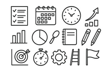 Progress Tracking Icons. Hand-drawn doodle illustration progress tracking checklist, calendar, clock, bar chart, pie chart, arrow, target, magnifying glass,