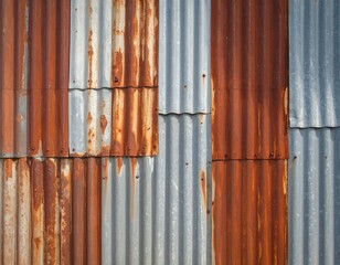 Obraz premium Industrial Patchwork of Weathered Corrugated Metal with Vibrant Rust and Gray Tones.