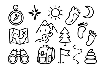 Adventure Icons Doodle. Hand-drawn doodle illustration Navigation survival compass, north arrow, map, mountain, river, star, sun, moon, tree, footprint,
