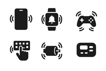 Fototapeta premium Technology Vibration Icons. Solid, filled icon set of vibration in technology: smartphone vibration, smartwatch alert, haptic feedback, game controller,