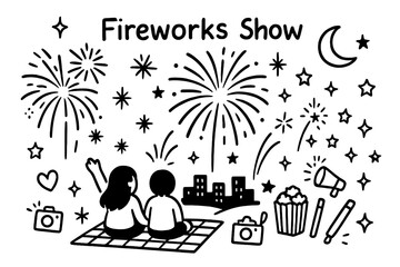 Cartoon Fireworks Celebration. Hand-drawn doodle illustration Fireworks Show fireworks burst, sparkles, stars, moon, night sky, skyline, blanket, sitting