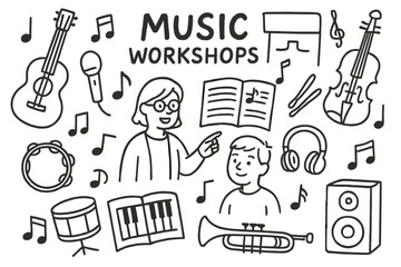Musical Workshop Doodles. Hand-drawn doodle illustration Music workshops [guitar, piano, violin, drum, microphone, notes, headphones, book, sheet music,
