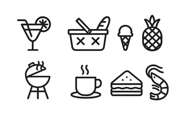 Vacation Food Icons. Outline icon set of vacation food and drink: cocktail, picnic basket, ice cream, tropical fruit, barbecue grill, coffee cup, sandwich,