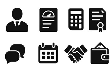Credit Counseling Icons. Solid, filled icon set of credit counseling session: counselor, credit report, calculator, contract, speech bubbles, calendar,