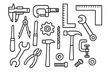Precision Tools Doodle. Hand-drawn doodle illustration precision tools caliper, micrometer, ruler, square, compass, gear, drill bit, file, chisel, hammer,
