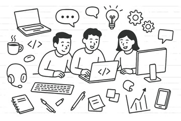 Team Coding Doodles. Hand-drawn doodle illustration [team coding together] [laptop, keyboard, mouse, coffee cup, monitor, code snippet, gears, notebook, pen,