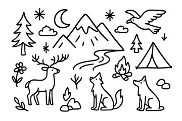 Neon Wilderness Icons. Hand-drawn doodle illustration neon lights in mountains mountain, pine tree, river, deer, star, crescent moon, eagle, snowflake, cloud,