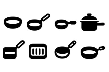 Portable Pan Icons. Solid, filled icon set of portable pans: camping pan, folding handle pan, small frying pan, mini saucepan, skillet with lid, mess kit pan,
