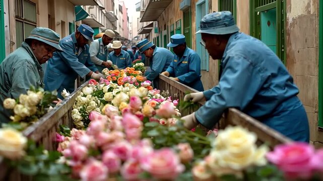 Workers sorting colorful roses at an outdoor flower market. Fresh and vibrant.