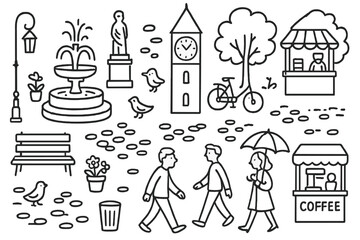 Obraz premium Town Square Sketch. Hand-drawn doodle illustration Town square fountain, bench, streetlamp, flower pot, clock tower, pigeons, cobblestone, statue, kiosk,