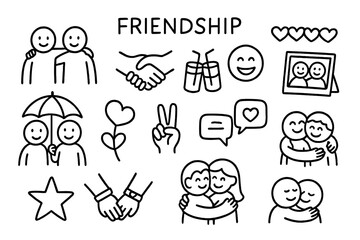 Friendship Doodle Icons. Hand-drawn doodle illustration Friendship bond [linked arms, handshake, smiling faces, shared drink, laughing emoji, photo frame,
