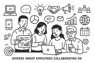 Collaborative Marketing Symbols. Hand-drawn doodle illustration A Diverse Group of Employees Collaborating on a Digital Marketing Campaign [laptop, smartphone,