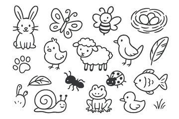 Springtime Animal Doodles. Hand-drawn doodle illustration Springtime animals bunny, chick, bird, butterfly, bee, lamb, snail, frog, ladybug, duck, fish, paw