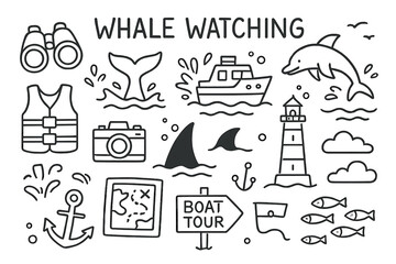 Obraz premium Whale Watching Doodles. Hand-drawn doodle illustration [whale watching] [binoculars, whale tail, boat, splash, wave, life vest, camera, orca fin, lighthouse,
