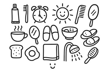 Morning Routine Doodles. Hand-drawn doodle illustration morning routine toothbrush, toothpaste, alarm clock, cup of tea, sun, comb, mirror, slippers, breakfast