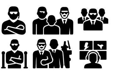 Bodyguard Role Icons. Solid, filled icon set of bodyguard roles: personal bodyguard, close protection officer, driver, security detail, event security, VIP