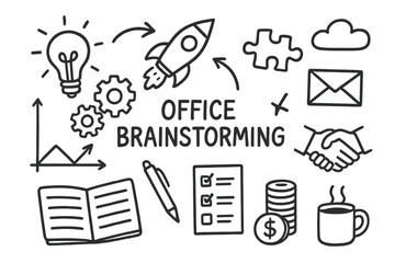 Office Brainstorming Icons. Hand-drawn doodle illustration Office brainstorming rocket, light bulb, gears, chart, notebook, pen, arrows, checklist, puzzle
