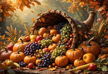 Lush Cornucopia with Pumpkins, Grapes, Apples, Corn, and Wheat in Autumn Setting