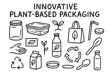 Eco-Friendly Packaging Icons. Hand-drawn doodle illustration [Innovative plant-based packaging] [glass jar, bamboo container, paper box, reusable bag, bottle,
