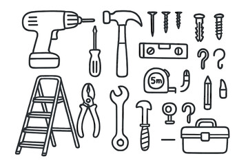 Curtain Installation Tools. Hand-drawn doodle illustration tools for hanging curtains drill, screwdriver, hammer, nails, screws, measuring tape, level, wall