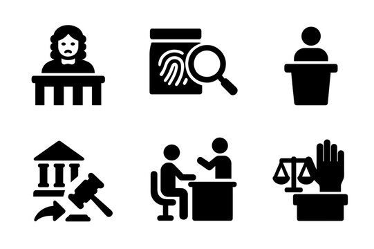 Court Procedure Icons. Solid, filled icon set of court procedures: trial, evidence, testimony, verdict, appeal, sentencing, cross-examination, objection.