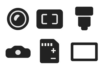 Camera Components Icons. Solid, filled icon set of camera components: camera lens, viewfinder, shutter button, flash unit, tripod mount, memory card, battery,