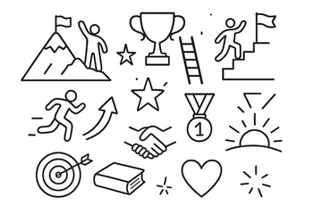 Obraz premium Achievement Doodle Icons. Hand-drawn doodle illustration People overcoming challenges and achieving goals mountain peak, flag, trophy, ladder, stairs, running