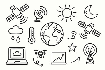 Obraz premium Weather Satellite Doodles. Hand-drawn doodle illustration Weather satellites orbiting satellite, globe, radar waves, cloud, raindrop, thermometer, sun, moon,