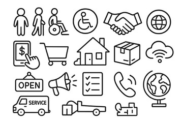 Fototapeta premium Inclusive Market Access Icons. Hand-drawn doodle illustration inclusive market access people icons, ramp, accessibility symbol, handshake, mobile payment,
