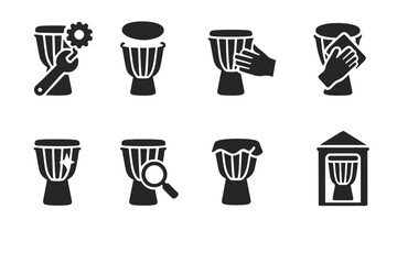 Djembe Care Icons. Solid, filled icon set of djembe maintenance: tuning, head replacement, rope adjustment, cleaning, shell polishing, hardware