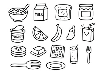 Breakfast Essentials Doodles. Hand-drawn doodle illustration kids breakfast cereal bowl, spoon, milk carton, toast, jam jar, yogurt cup, fruit slice, banana,