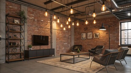 Interior design of a living room with exposed brick and warm lighting