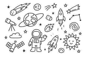 Space Exploration Doodles. Hand-drawn doodle illustration Comet passing Earth comet, Earth, moon, rocket, telescope, orbit line, shooting star, satellite,