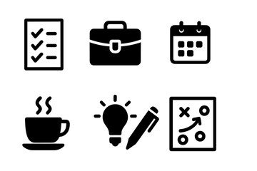 Negotiation Prep Icons. Solid, filled icon set of negotiation preparation: checklist, briefcase, calendar, contract draft, coffee cup, lightbulb idea, pen,