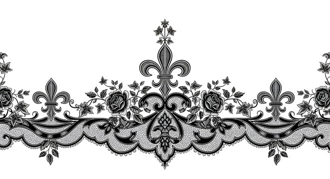 Elegant black lace border with roses and fleur de lis, vintage ornate decorative pattern for design